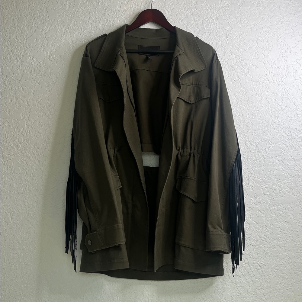 BCBGMaxazria Stafford Fringe Utility Jacket Parka in Dark Olive Sz S